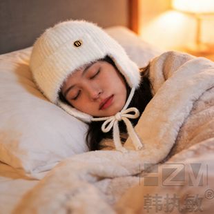 冬季晚上睡觉偏头痛睡帽米色防风睡眠帽针织头套带绳固定系带护耳