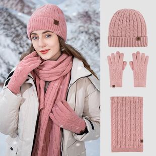 冬季帽子围脖围巾手套三件套装加绒触屏防寒时尚加厚针织骑行男女