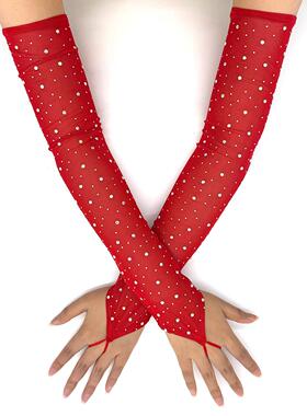 红色手套烫钻露五指薄款网纱长款遮疤痕手袜女款舞台演出跳舞配饰