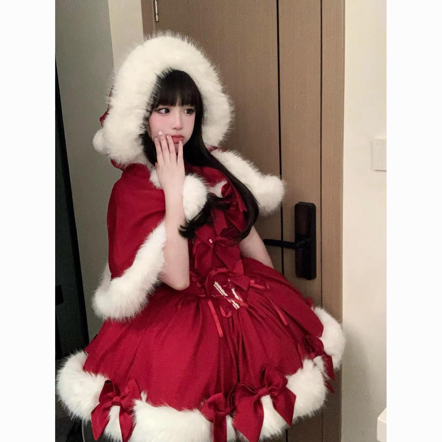 甜妹穿搭冬季连帽斗篷外套收腰蝴lolita洛丽塔连