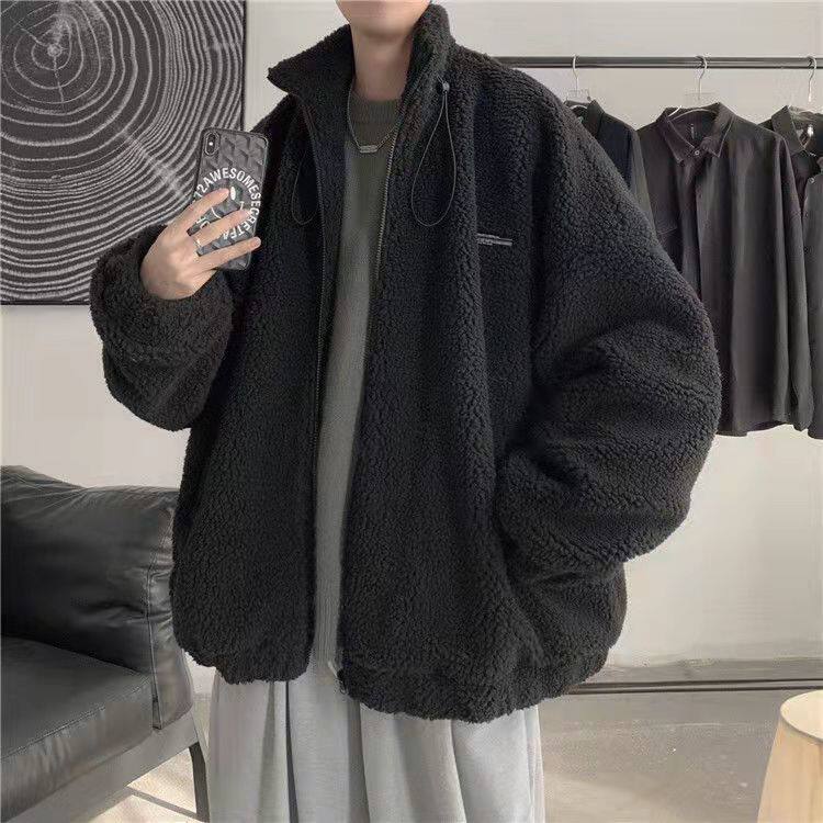 港风宽松羊羔绒加厚卫衣男秋冬季新款韩版宽松纯色立领青年外套潮