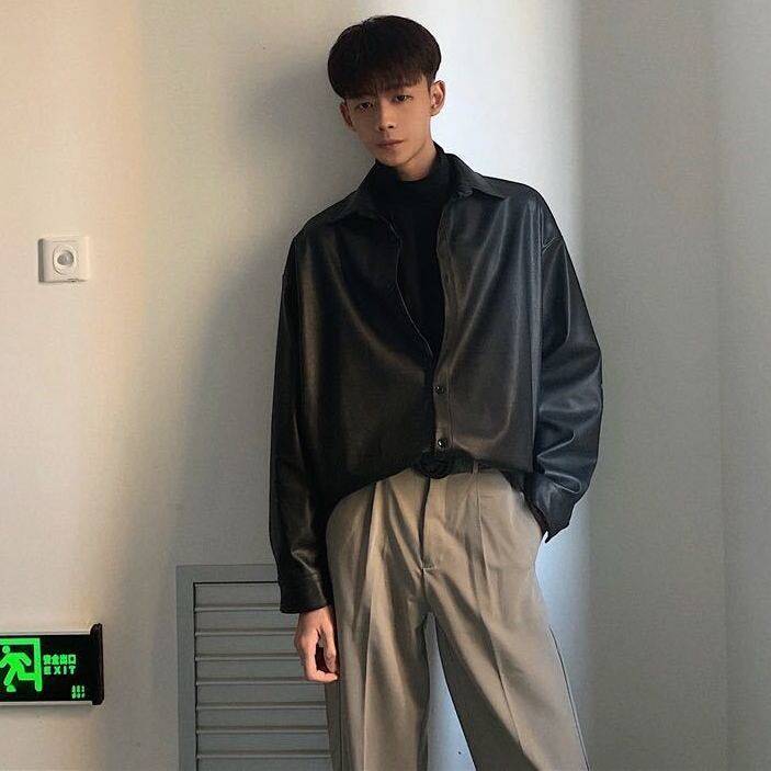 秋季新款黑色皮衣衬衫领男港风复古痞帅PU皮夹克外套翻领bf风百搭