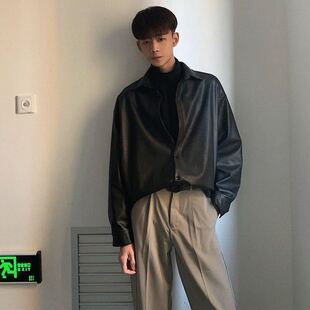 秋季新款黑色皮衣衬衫领男港风复古痞帅PU皮夹克外套翻领bf风百搭