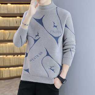 新款春秋男士半高领毛衣冬季加厚针织衫仿水貂绒保暖打底毛衫男