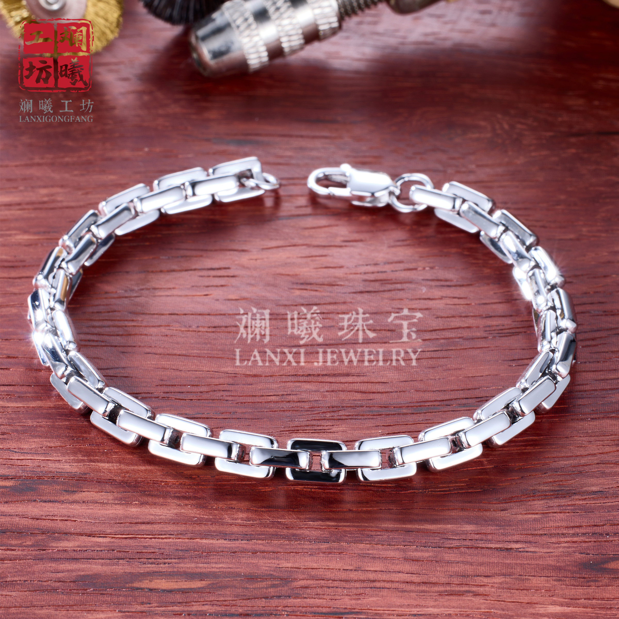 铂金手链 pt950白金十字男士手链矩形链条简约手饰中性素圈小众款