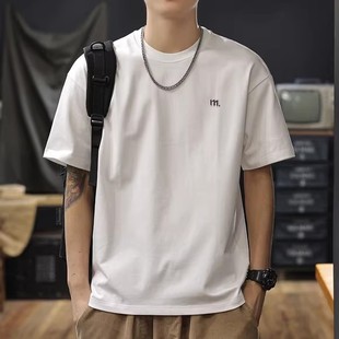 2025夏季新款重磅纯棉刺绣T恤男短袖纯色简约百搭男士半袖衫男款t