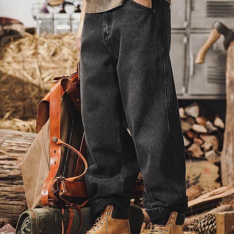 美式复古加绒黑色牛仔裤男直筒2025新款宽松大码潮牌休闲男士裤子