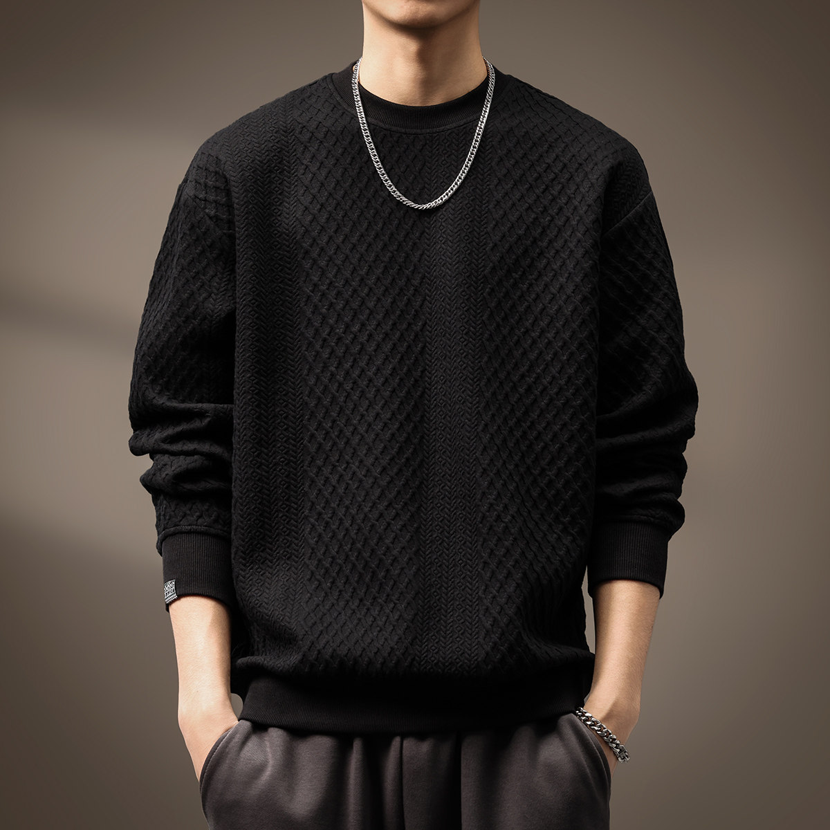 高端重磅纹理感黑色卫衣男2025秋季加绒宽松大码长袖打底内搭上衣