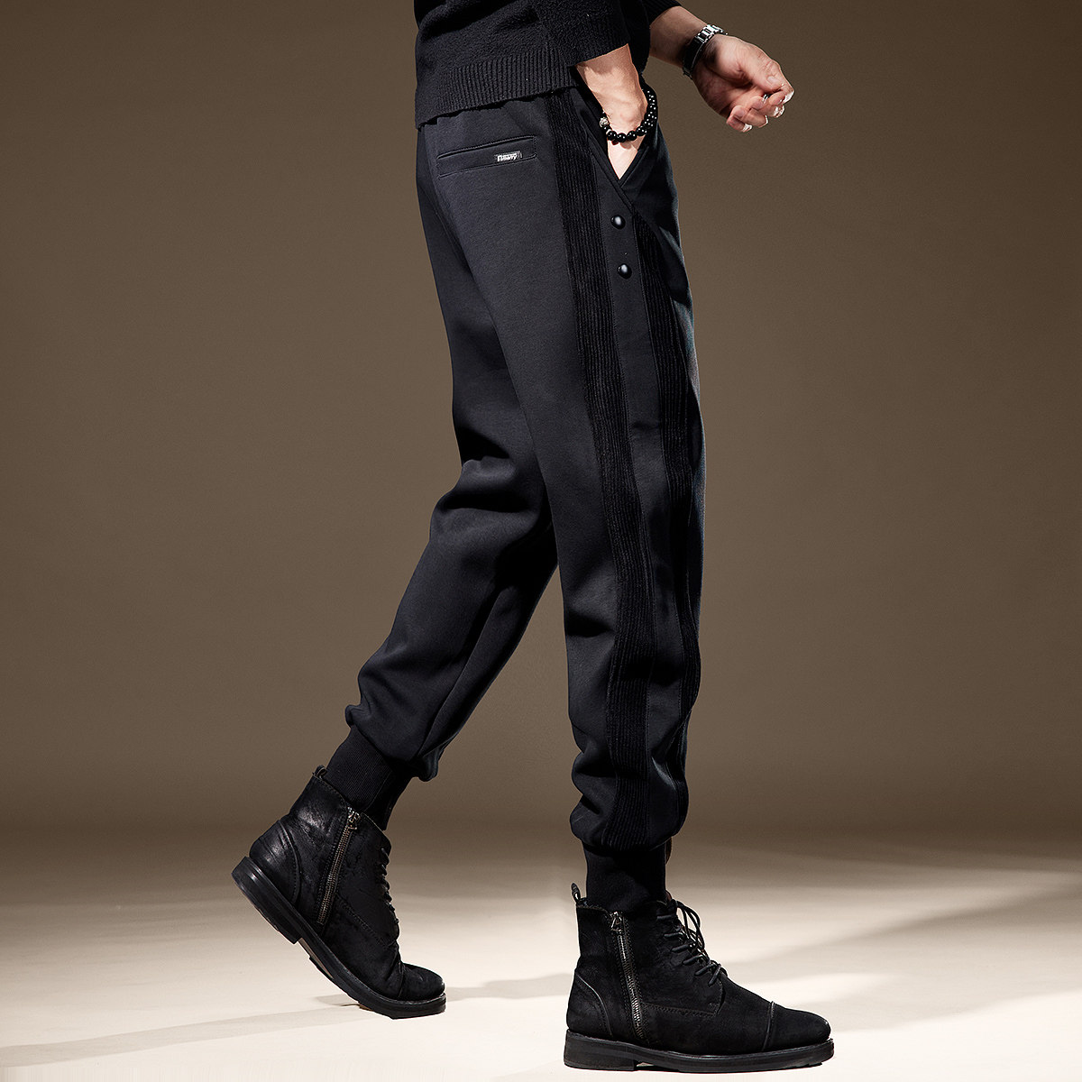 高端美式运动休闲卫裤男士宽松束脚秋季新款弹力灯芯绒拼接裤子男