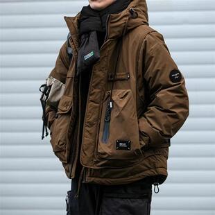 冬季工装连帽羽绒服男潮牌宽松户外多口袋机能90白鸭绒保暖外套潮