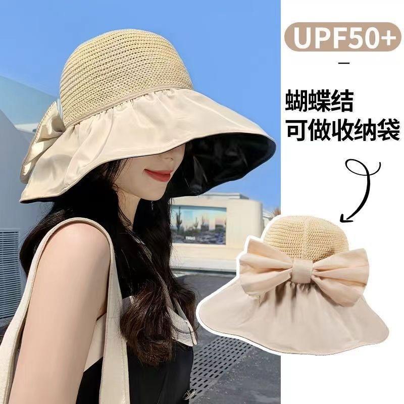蝴蝶结网纱拼接防晒帽子女夏季大檐防紫外线户外遮阳帽透气渔夫