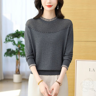 春季新款花边圆领羊毛针织衫女士毛衣纯色百搭时尚宽松短款打底衫