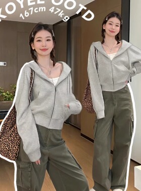 灰色短款连帽卫衣拉链开春外套女春秋修身小个子韩系开衫上衣春季