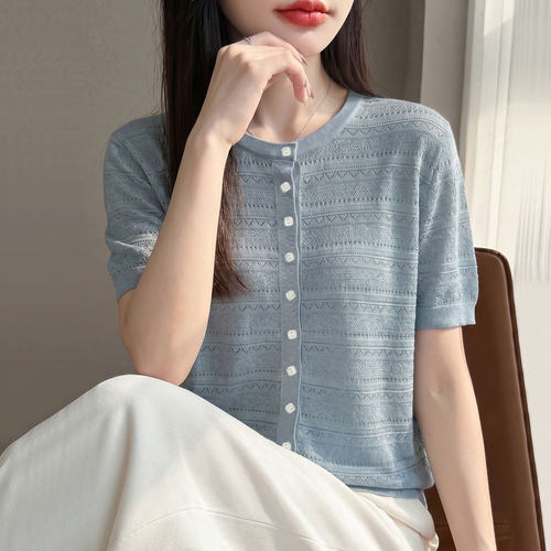 圆领桑蚕丝短袖T恤开衫女