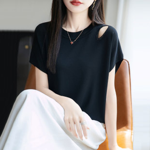 设计感冰丝圆领针织短袖T恤衫女2025夏季爆款破洞镂空小飞袖上衣