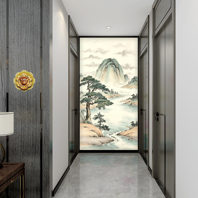 新中式流水生财玄关入户墙布迎客松聚宝盆国画办公室过道壁纸壁布