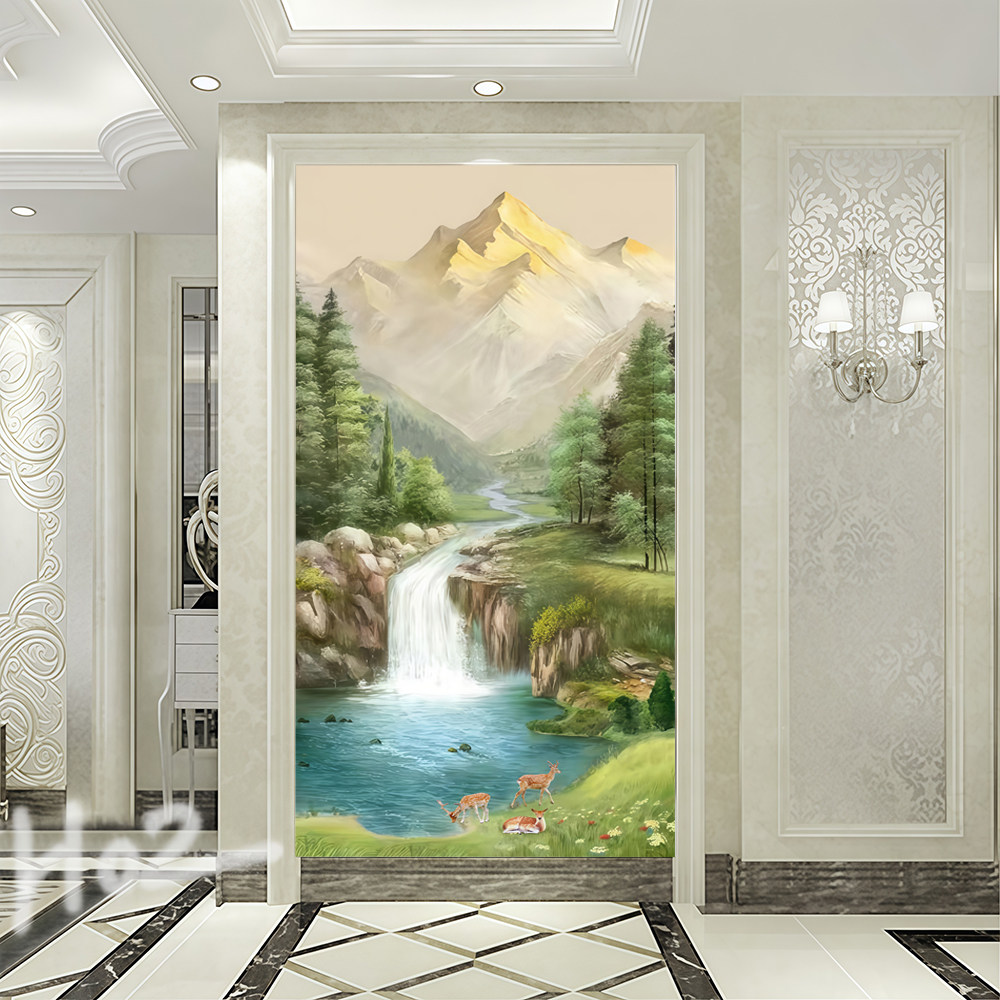 流水生财山水风景画玄关壁纸走廊过道墙布原木风楼梯口定制墙纸3d