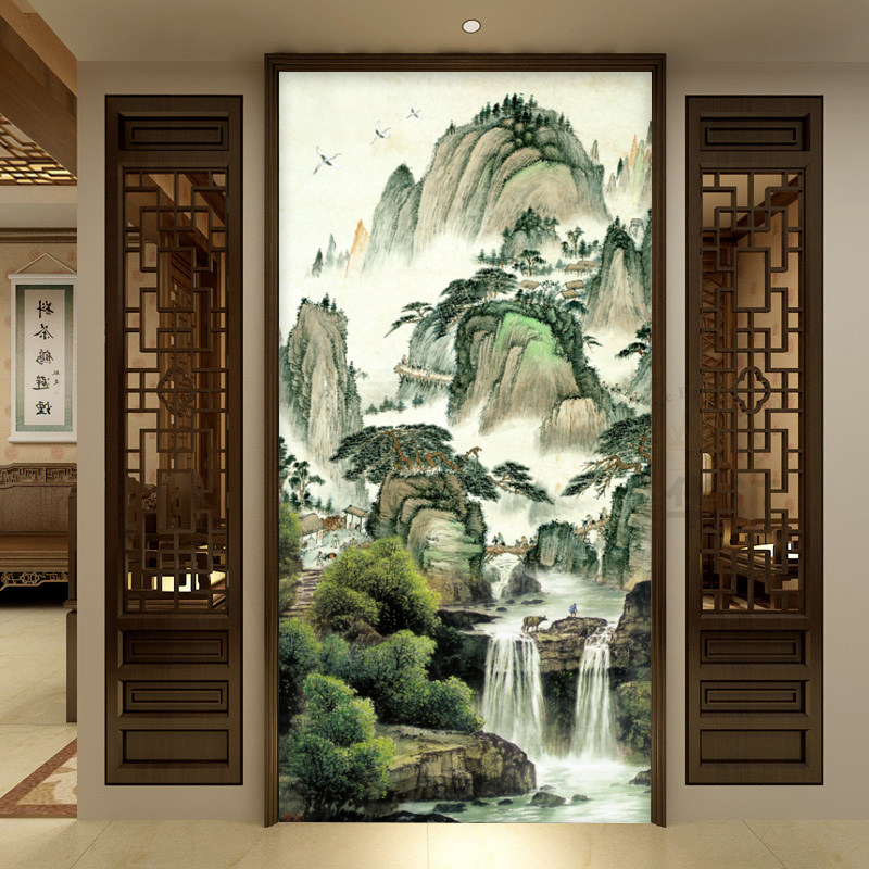 新中式山水风景入户玄关壁纸现代高档壁画客厅走廊过道竖版墙布3d