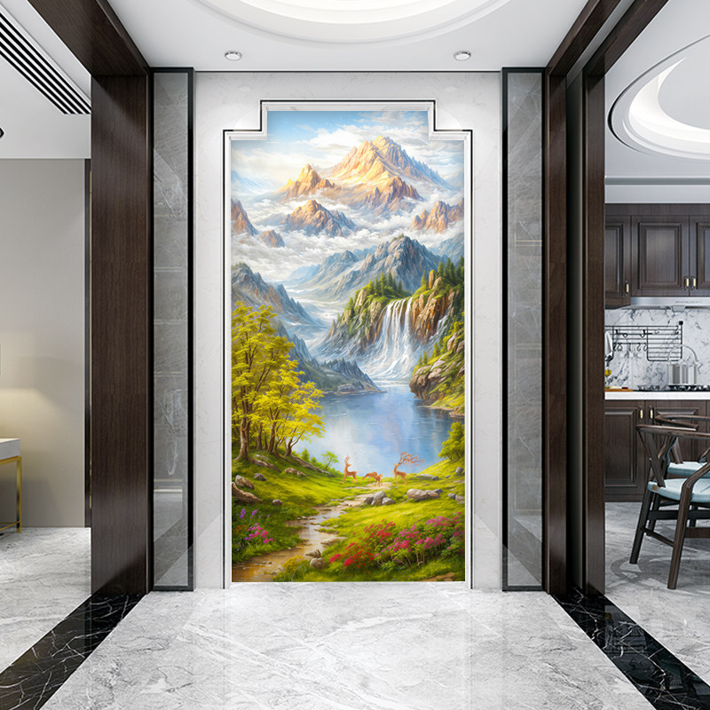 日照金山现代简约客厅玄关墙布麋鹿山水风景油画风过道尽头壁纸3d