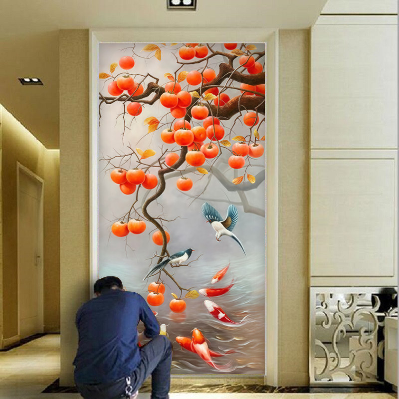 九鱼聚财新中式玄关背景墙壁纸入户进门墙画柿柿如意招财平安壁布