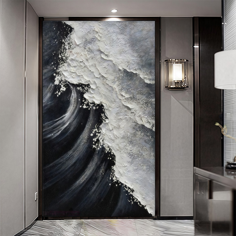 黑白极简海浪玄关墙布入户墙壁纸抽象艺术走廊过道壁画简欧防潮3d