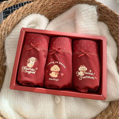 红色内裤女士中腰甜美印花女生三角裤大码本命年透气丝滑绸缎面料