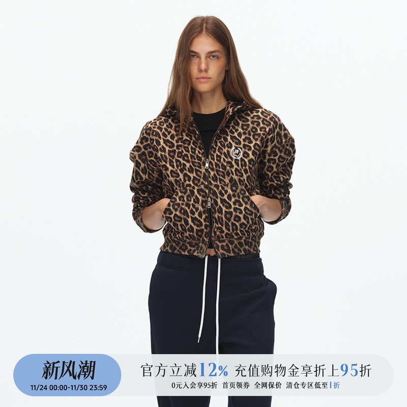 [现货]ECHOADE 25秋双开拉链插肩袖设计微露腰线豹纹短款连帽卫衣