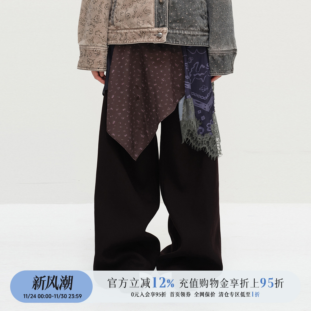 印花拼接蕾丝不规则下摆丝巾裙裤