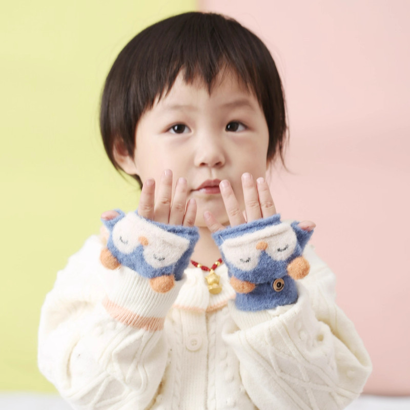 儿童手套不分指宝宝手套秋冬季薄款半指翻盖可爱男童女童手套