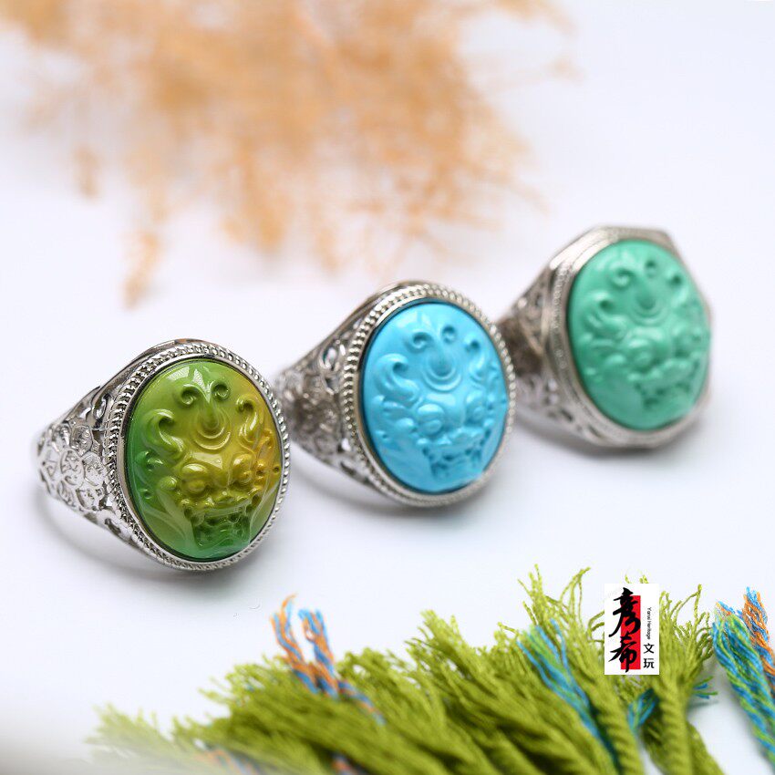 湖北绿松石精工雕刻高瓷高蓝貔貅戒指扳指男女士指环活口