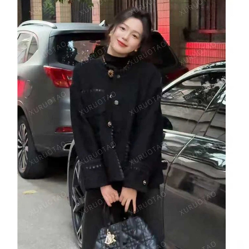 徐若桃studio同款羊毛小香风夹棉设计感显瘦黑色棉衣服外套女冬季