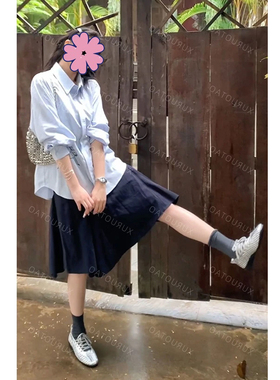 莱赛尔混纺棉趣味刺绣蓝色衬衫女款早春季衬衣法式设计感长袖上衣