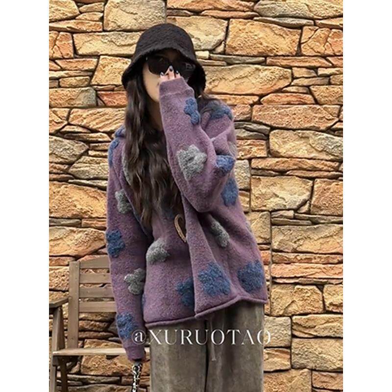 徐若桃studio同款羊毛绒花朵刺绣设计感紫色针织衫连帽毛衣女秋冬