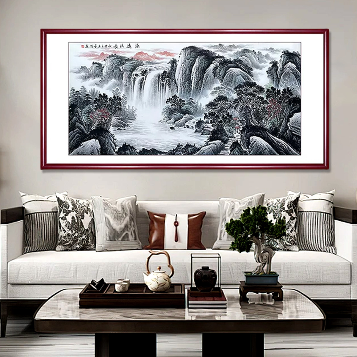 国画山水画手绘真迹聚宝盆横幅挂画办公室字画源远流长客厅装饰画