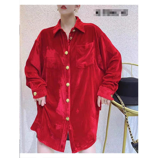 大码300斤欧洲站春秋新款中长款复古红色丝绒衬衫男高级感上衣女2