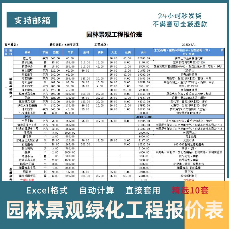 24园林景观工程预算excel表绿化施工分部分项工程量清单报价模板