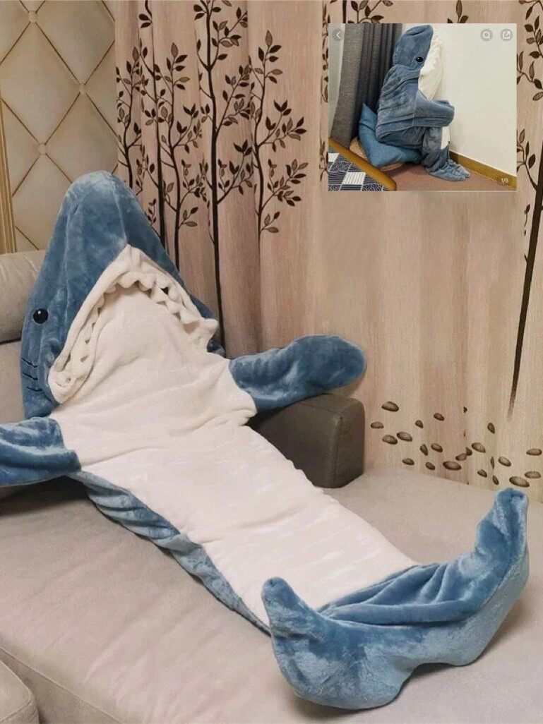 沙雕鲨鱼舒适睡袍连帽衫睡袋鲨鱼睡袋保暖女冬季毛毯睡衣儿童男女