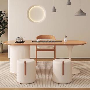 奶油风小茶台家用泡茶桌书桌茶桌一体原木风阳台实木茶桌椅组合