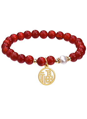 PIARA 福字珍珠手链女红色福字福牌手串礼物#送妈妈BKA3605