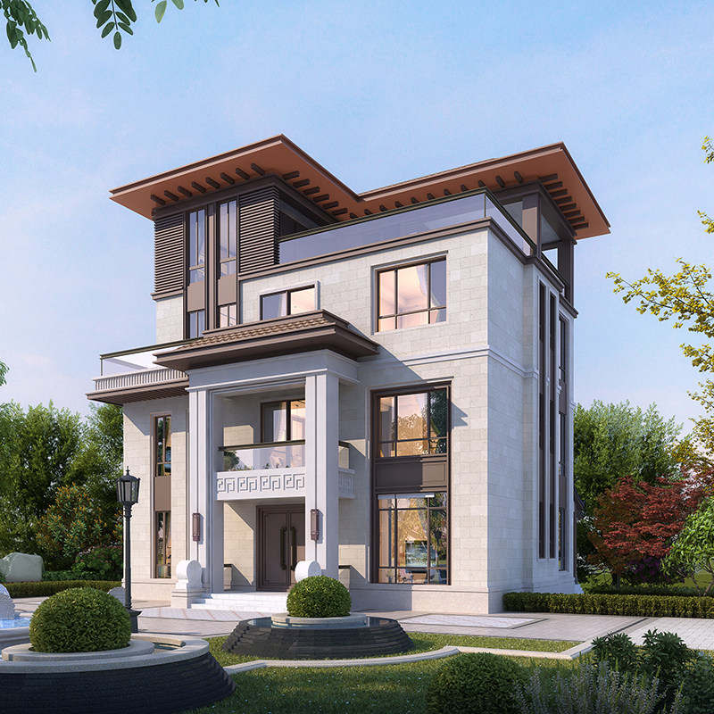 三层半自建房(别墅设计图纸新中式农村自建房豪华大气四层yp007