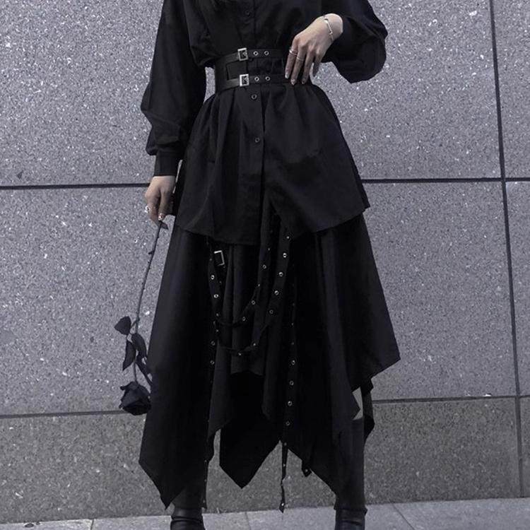 山本暗黑风设计感春秋衬衫高腰半身裙中性穿搭女装不规则裙子大摆