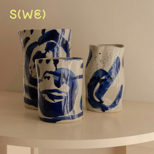 比利时Serax Vase blue Sophia花瓶纯手工陶瓷不对称设计艺术点缀