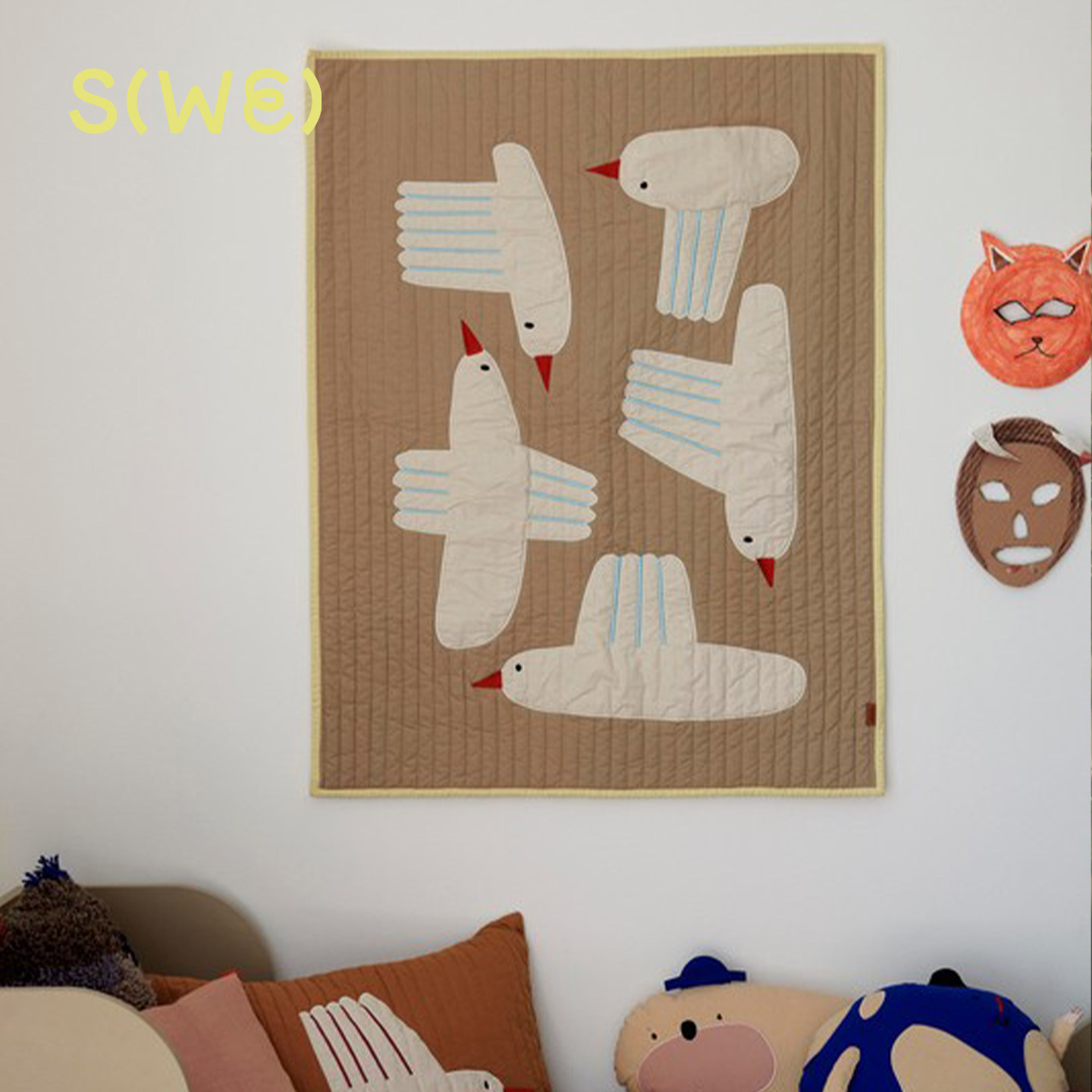 丹麦Fermliving BirdQuiltedBlanket鸟图案儿童毯子有机棉床边毯