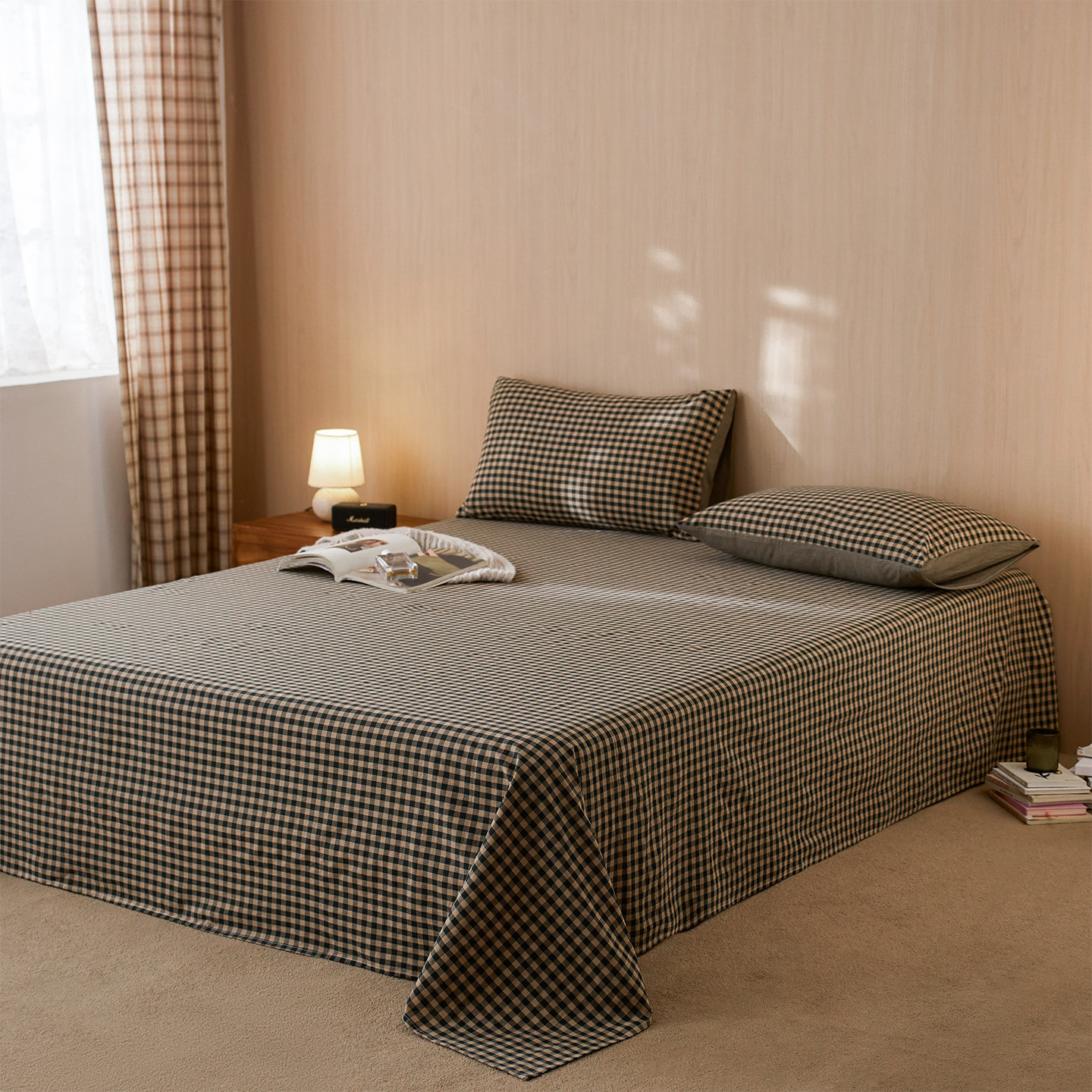 100全棉水洗棉床单单件格子被单