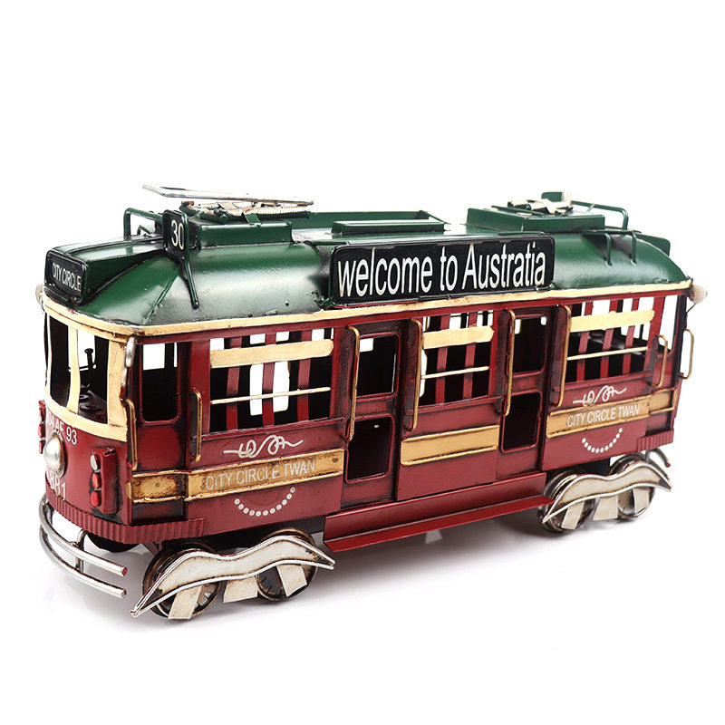 复古老式电动巴士模型铁皮怀旧手工艺品酒吧咖啡厅橱窗柜装饰摆件