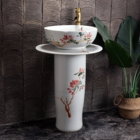 中式手绘立柱式洗脸盆落地式一体陶瓷复古洗手盆户外庭院阳台水池