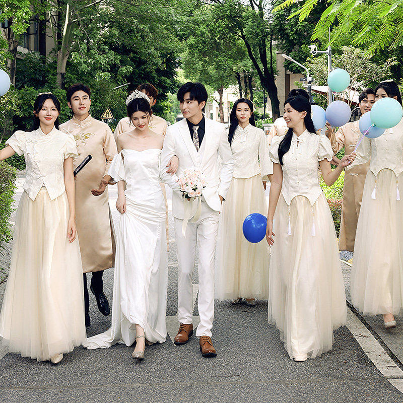 中式伴娘伴郎服姐妹装兄弟团结婚礼服2025新款小众高级感伴娘裙女