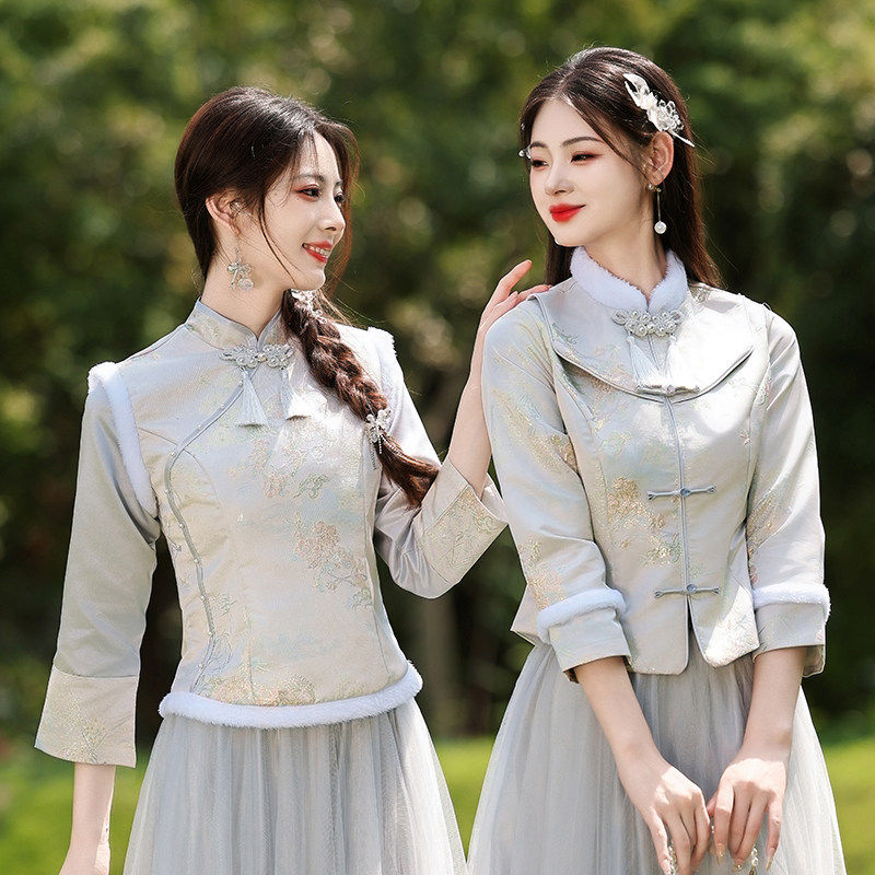 中式伴娘服女2026新款姐妹团礼服复古国风旗袍长袖加厚保暖伴娘裙