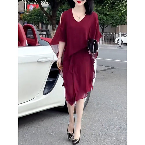时尚纯色不规则v领连衣裙女2024夏季新款高级气质减龄显瘦中长裙