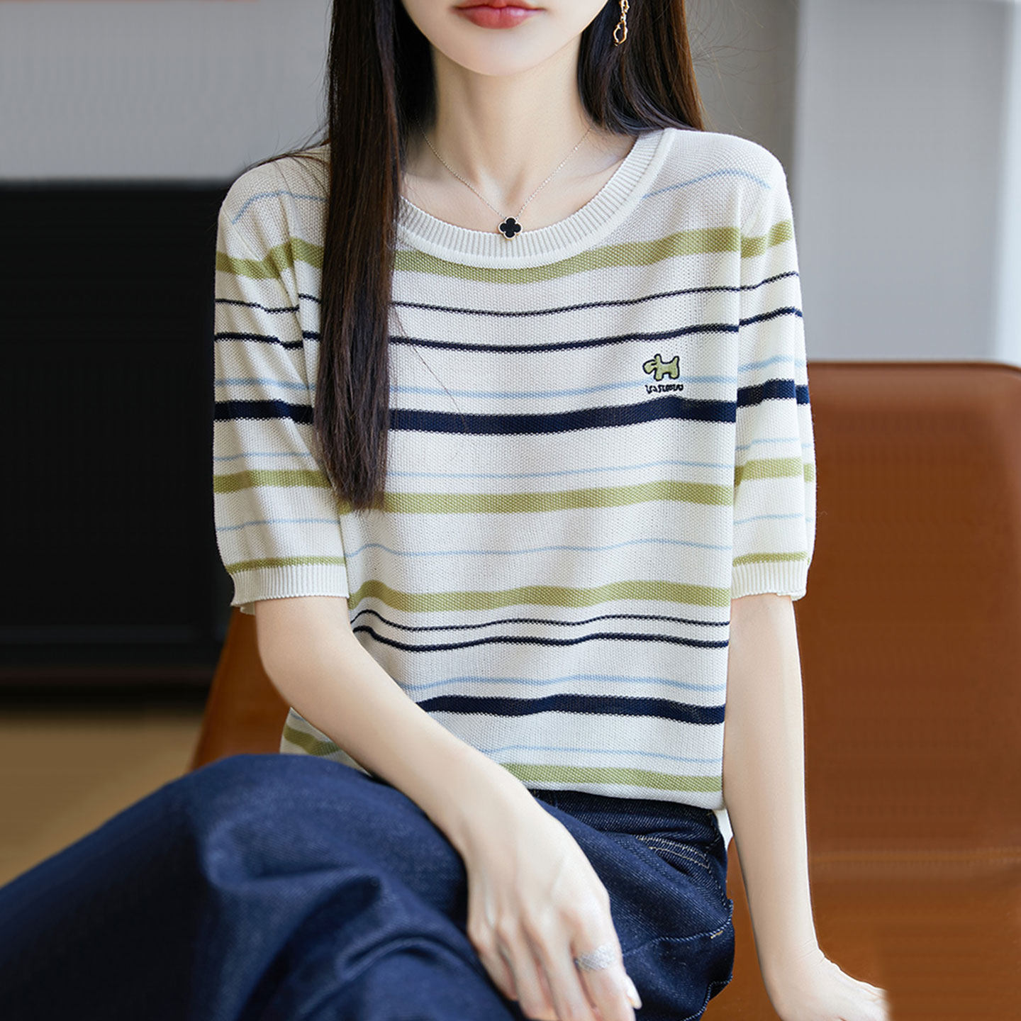 圆领100桑蚕丝短袖T恤女